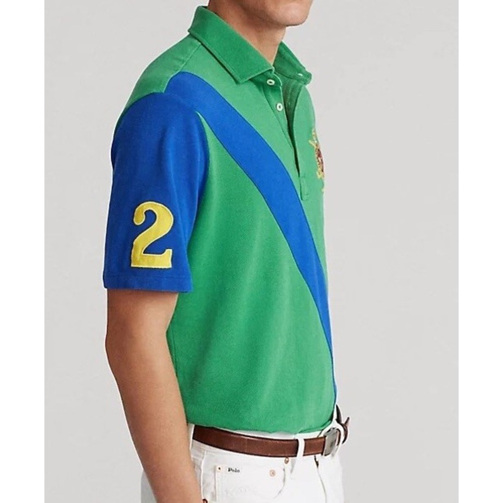NWT Men's Polo Ralph‎ Lauren Banner Stripe Mesh Polo Shirt Green Blue 4XLT